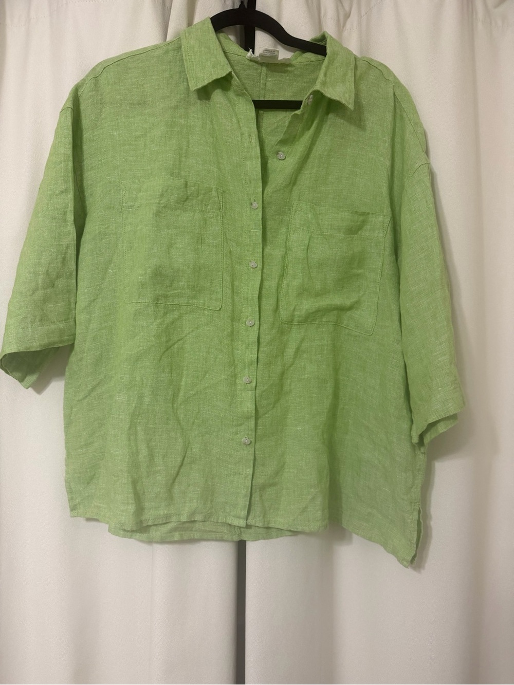 C&C Bright Green Linen Button-Up Short Sleeve Oversize Shirt Size L